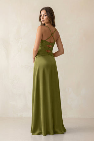 Cami Strap Pleated Sheath Satin Bridesmaid Dress in Moss Green (2) | KISSBRIDAL