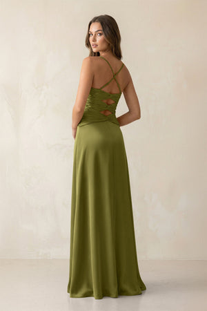 Cami Strap Pleated Sheath Satin Bridesmaid Dress in Moss Green - KISS BRIDAL Bridesmaid Dresses