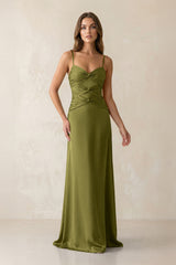 Cami Strap Pleated Sheath Satin Bridesmaid Dress in Moss Green - KISS BRIDAL Bridesmaid Dresses