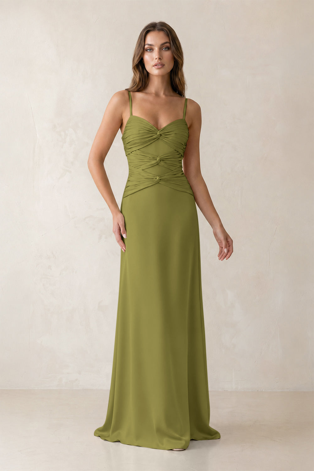 Cami Strap Pleated Sheath Satin Bridesmaid Dress in Moss Green