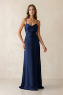 Cami Strap Pleated Sheath Satin Bridesmaid Dress in Navy - KISS BRIDAL Bridesmaid Dresses