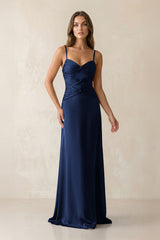 Cami Strap Pleated Sheath Satin Bridesmaid Dress in Navy - KISS BRIDAL Bridesmaid Dresses