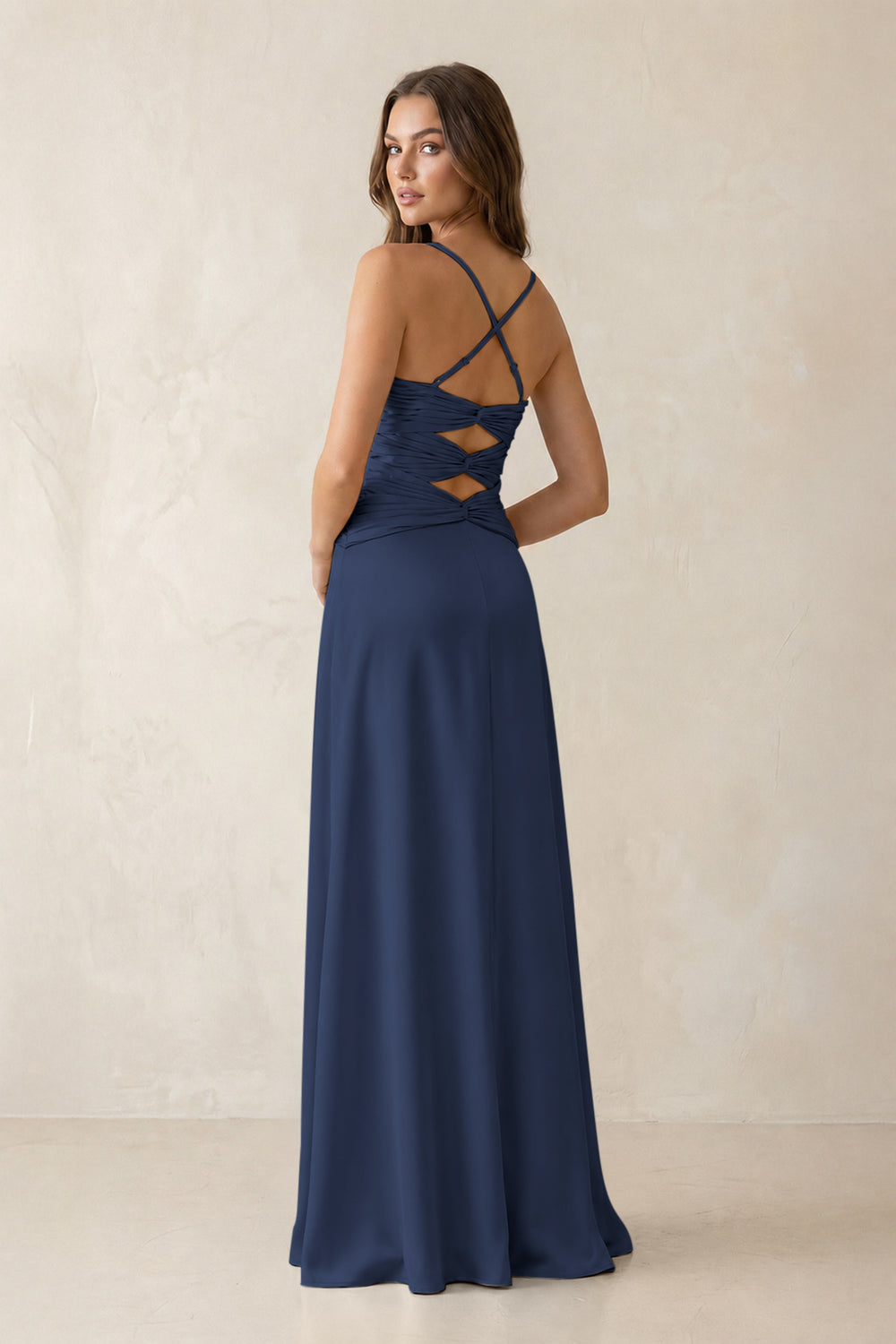 Cami Strap Pleated Sheath Satin Bridesmaid Dress in Navy