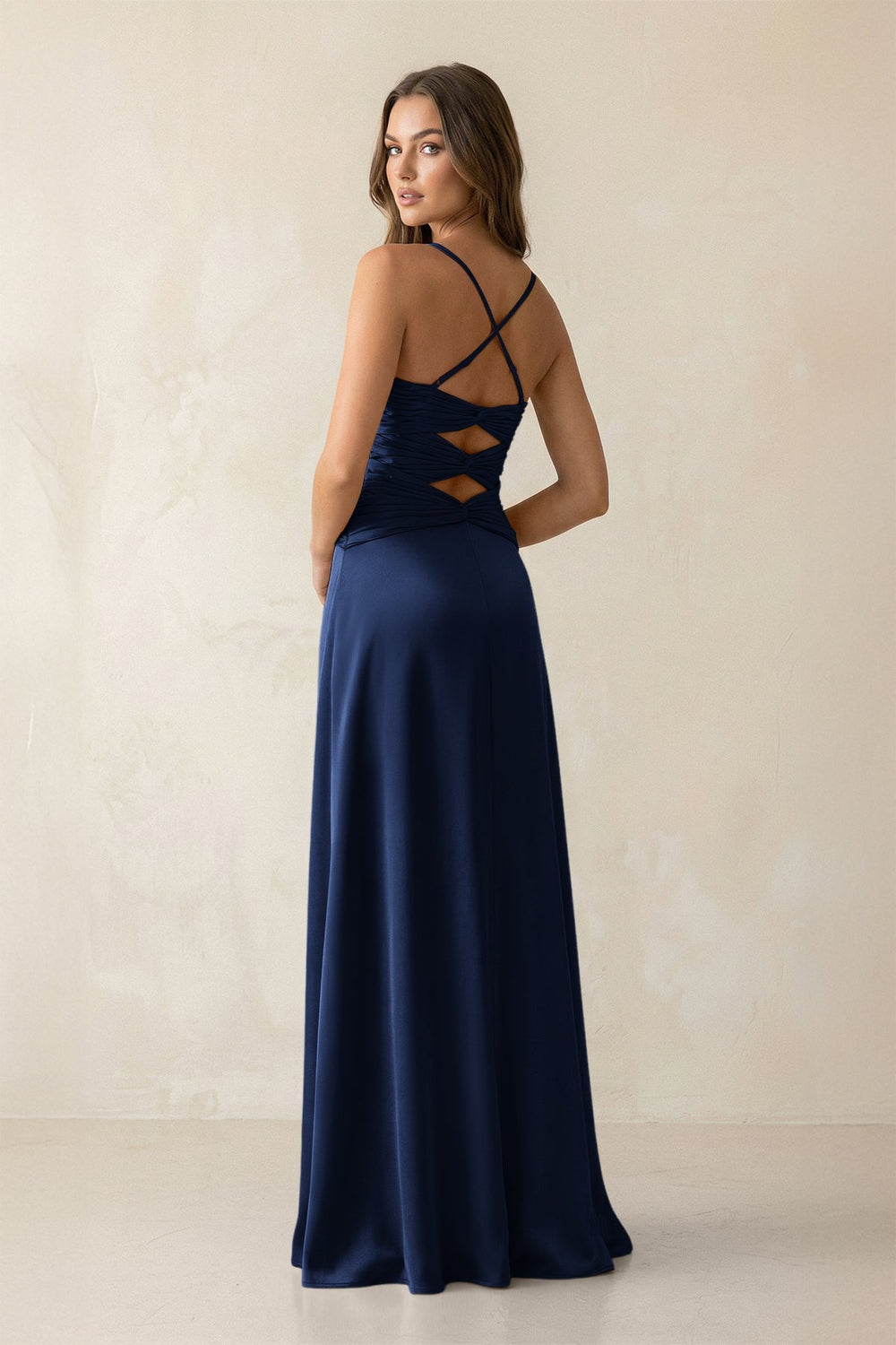 Cami Strap Pleated Sheath Satin Bridesmaid Dress in Navy - KISS BRIDAL Bridesmaid Dresses
