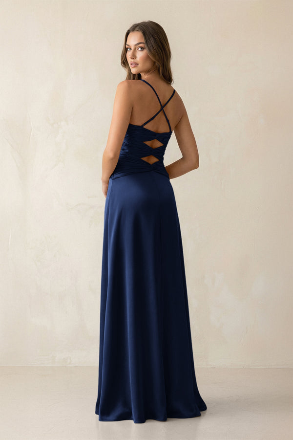 Cami Strap Pleated Sheath Satin Bridesmaid Dress in Navy - KISS BRIDAL Bridesmaid Dresses