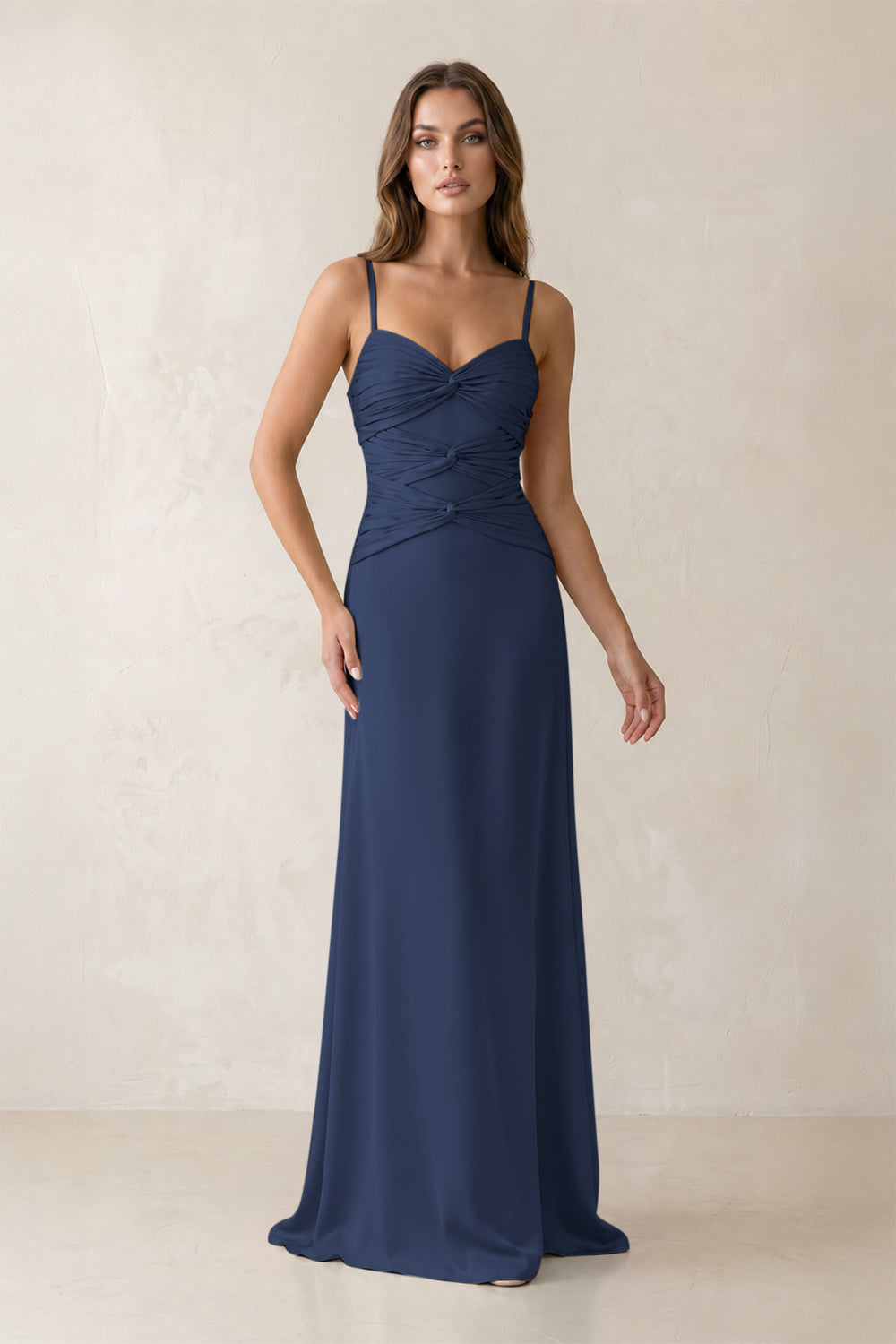 Cami Strap Pleated Sheath Satin Bridesmaid Dress in Navy
