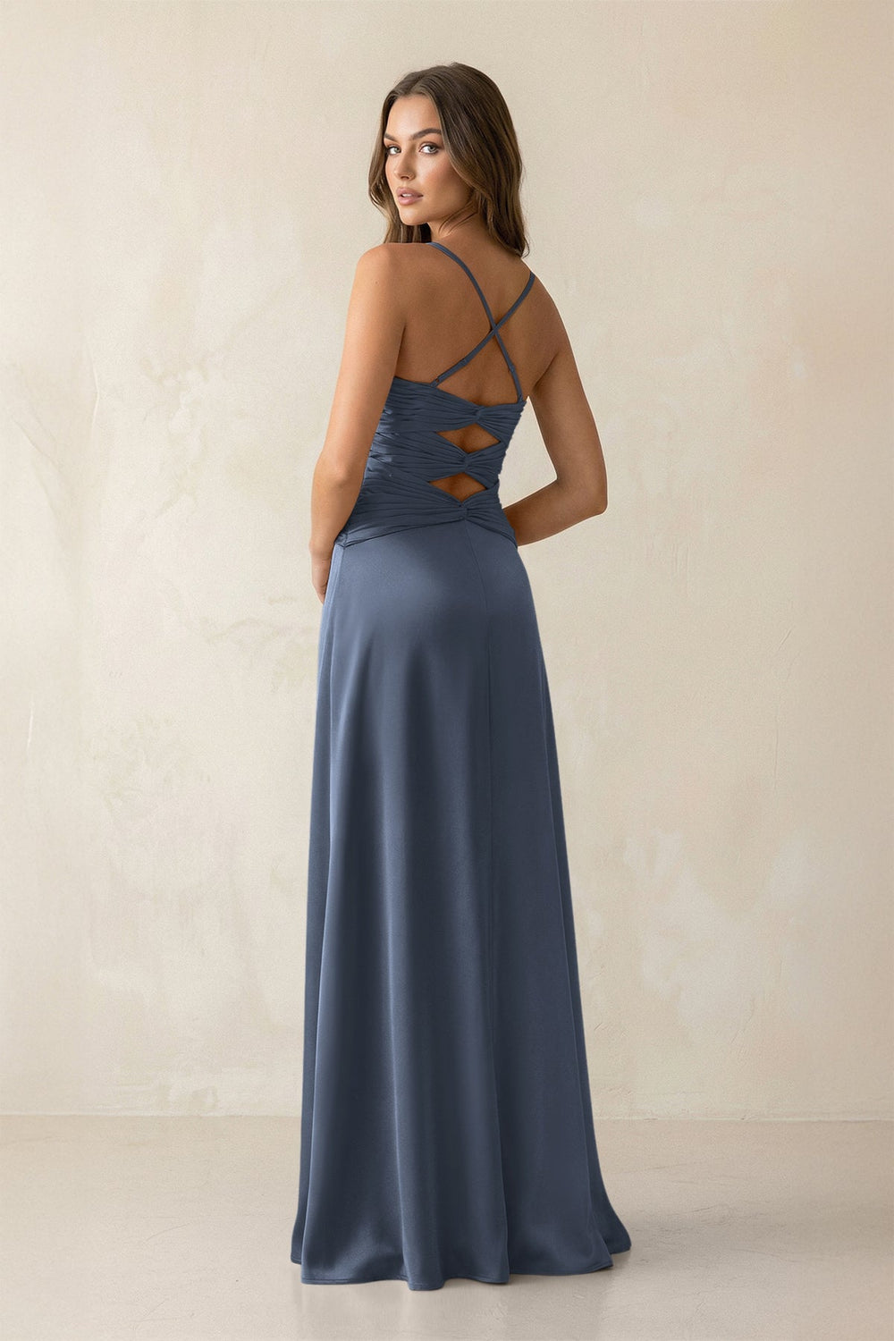 Cami Strap Pleated Sheath Satin Bridesmaid Dress in Neptune - KISS BRIDAL Bridesmaid Dresses