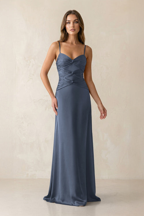 Cami Strap Pleated Sheath Satin Bridesmaid Dress in Neptune - KISS BRIDAL Bridesmaid Dresses