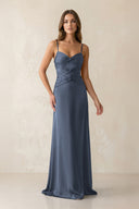 Cami Strap Pleated Sheath Satin Bridesmaid Dress in Neptune | KISSBRIDAL