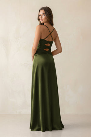 Cami Strap Pleated Sheath Satin Bridesmaid Dress in Olive (2) | KISSBRIDAL