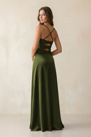 Cami Strap Pleated Sheath Satin Bridesmaid Dress in Olive - KISS BRIDAL Bridesmaid Dresses