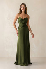 Cami Strap Pleated Sheath Satin Bridesmaid Dress in Olive - KISS BRIDAL Bridesmaid Dresses