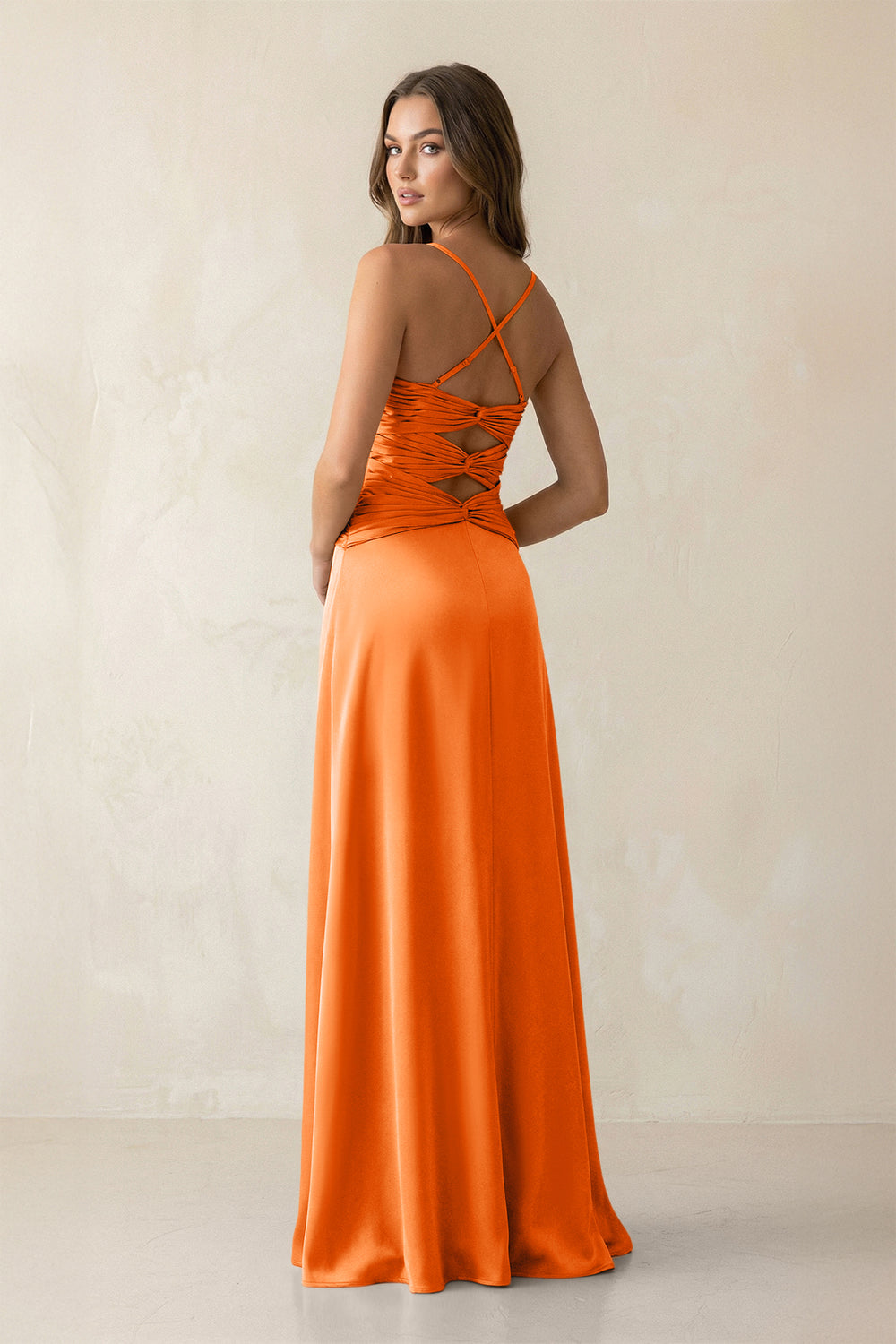 Cami Strap Pleated Sheath Satin Bridesmaid Dress in Orange
