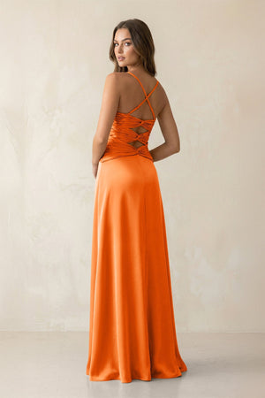 Cami Strap Pleated Sheath Satin Bridesmaid Dress in Orange - KISS BRIDAL Bridesmaid Dresses