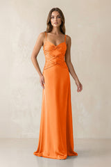 Cami Strap Pleated Sheath Satin Bridesmaid Dress in Orange - KISS BRIDAL Bridesmaid Dresses