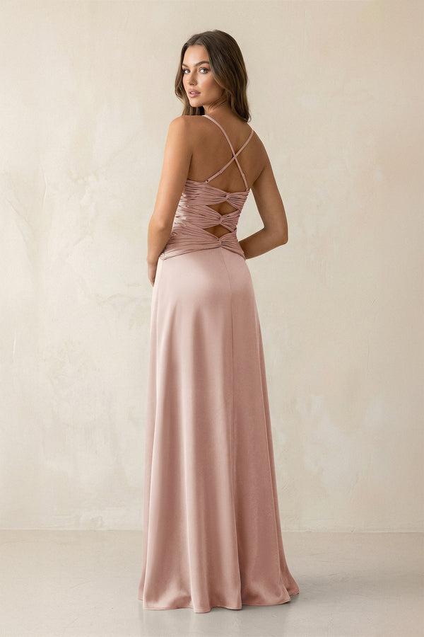 Cami Strap Pleated Sheath Satin Bridesmaid Dress in Pale Blush - KISS BRIDAL Bridesmaid Dresses