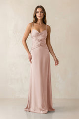 Cami Strap Pleated Sheath Satin Bridesmaid Dress in Pale Blush - KISS BRIDAL Bridesmaid Dresses