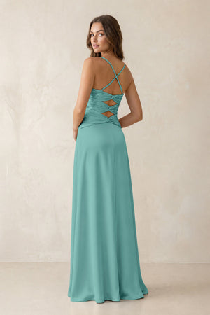 Cami Strap Pleated Sheath Satin Bridesmaid Dress in Pale Pistachio (2) | KISSBRIDAL