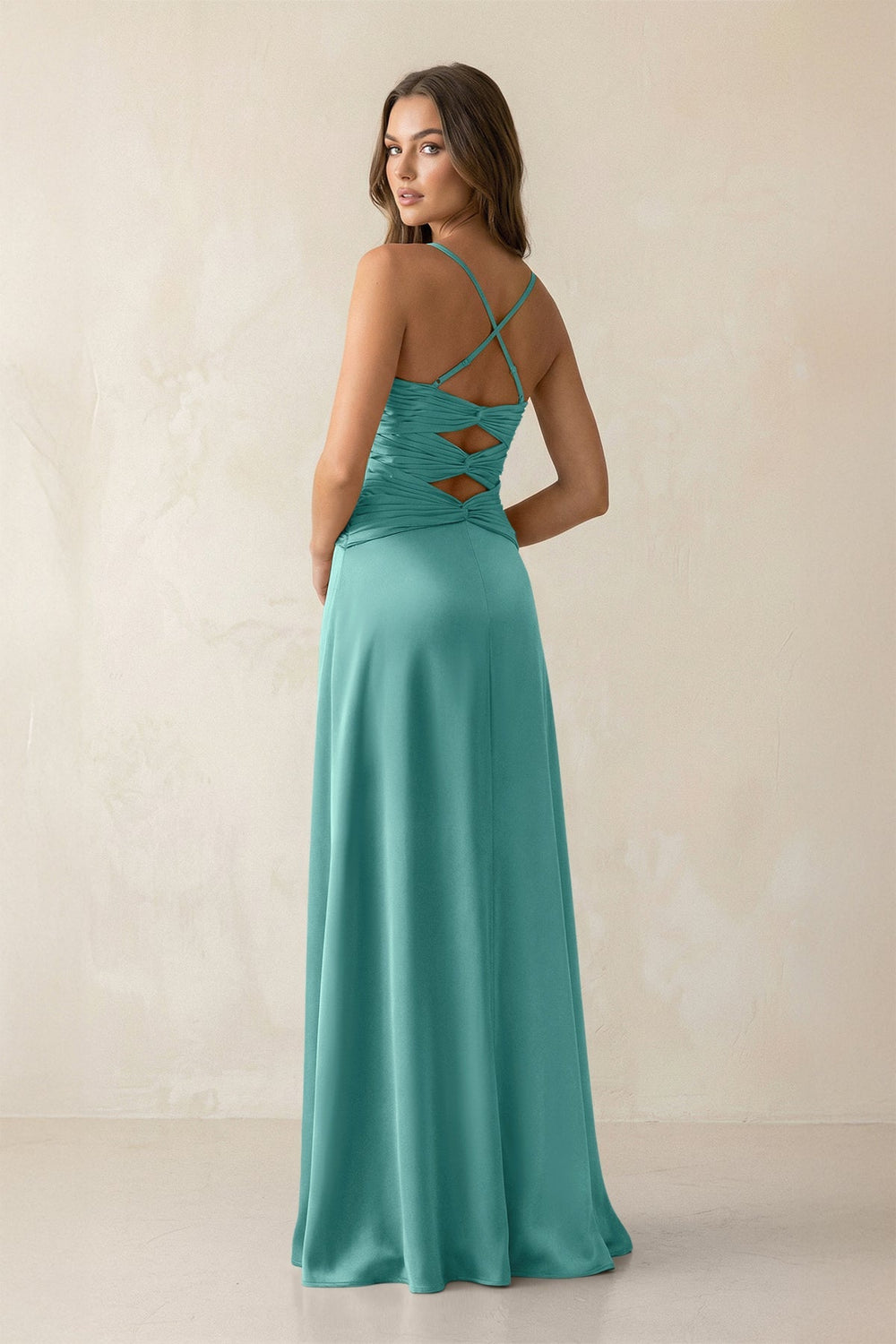 Cami Strap Pleated Sheath Satin Bridesmaid Dress in Pale Pistachio - KISS BRIDAL Bridesmaid Dresses