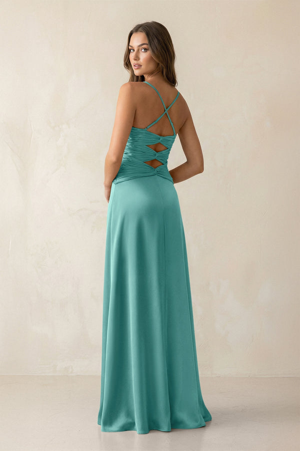 Cami Strap Pleated Sheath Satin Bridesmaid Dress in Pale Pistachio - KISS BRIDAL Bridesmaid Dresses