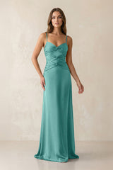 Cami Strap Pleated Sheath Satin Bridesmaid Dress in Pale Pistachio - KISS BRIDAL Bridesmaid Dresses