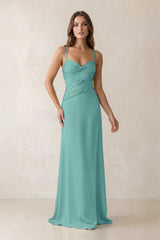 Cami Strap Pleated Sheath Satin Bridesmaid Dress in Pale Pistachio | KISSBRIDAL