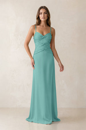 Cami Strap Pleated Sheath Satin Bridesmaid Dress in Pale Pistachio | KISSBRIDAL