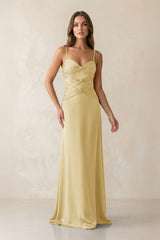 Cami Strap Pleated Sheath Satin Bridesmaid Dress in Pastel Yellow - KISS BRIDAL Bridesmaid Dresses