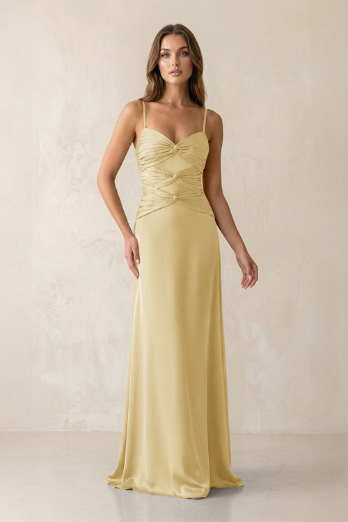 Cami Strap Pleated Sheath Satin Bridesmaid Dress in Pastel Yellow - KISS BRIDAL Bridesmaid Dresses