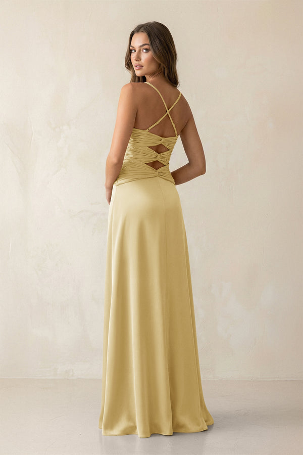 Cami Strap Pleated Sheath Satin Bridesmaid Dress in Pastel Yellow - KISS BRIDAL Bridesmaid Dresses