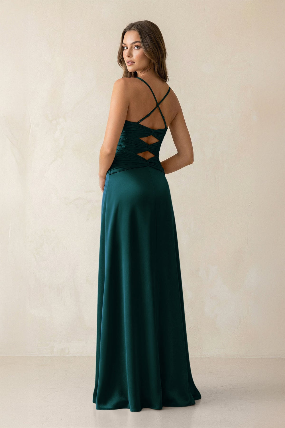 Cami Strap Pleated Sheath Satin Bridesmaid Dress in Pine - KISS BRIDAL Bridesmaid Dresses