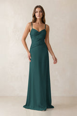 Cami Strap Pleated Sheath Satin Bridesmaid Dress in Pine | KISSBRIDAL