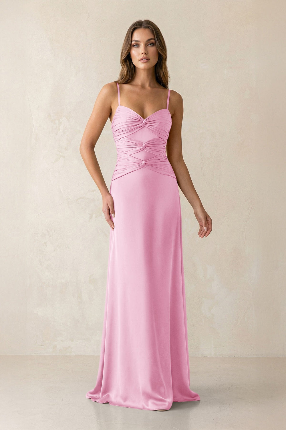 Cami Strap Pleated Sheath Satin Bridesmaid Dress in Pink - KISS BRIDAL Bridesmaid Dresses