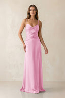 Cami Strap Pleated Sheath Satin Bridesmaid Dress in Pink - KISS BRIDAL Bridesmaid Dresses