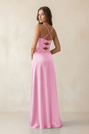 Cami Strap Pleated Sheath Satin Bridesmaid Dress in Pink - KISS BRIDAL Bridesmaid Dresses