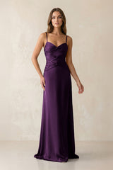 Cami Strap Pleated Sheath Satin Bridesmaid Dress in Plum - KISS BRIDAL Bridesmaid Dresses