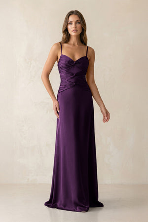Cami Strap Pleated Sheath Satin Bridesmaid Dress in Plum - KISS BRIDAL Bridesmaid Dresses