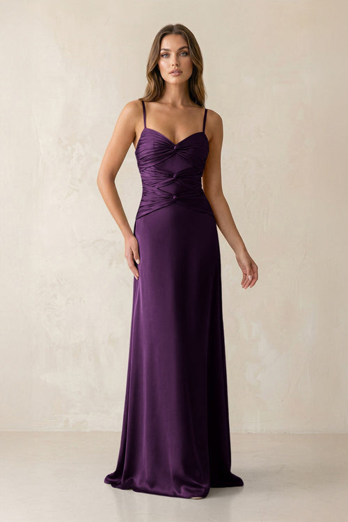 Cami Strap Pleated Sheath Satin Bridesmaid Dress in Plum - KISS BRIDAL Bridesmaid Dresses