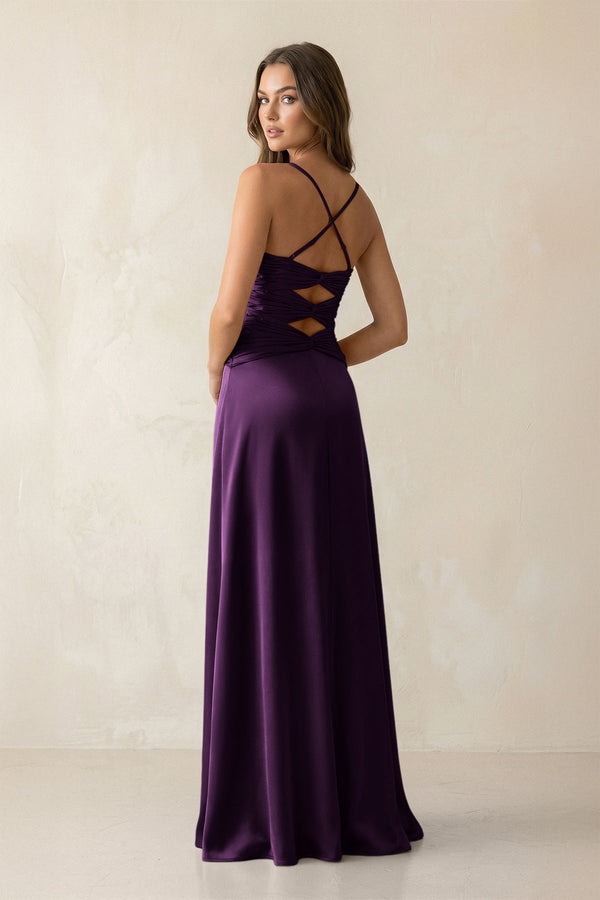 Cami Strap Pleated Sheath Satin Bridesmaid Dress in Plum - KISS BRIDAL Bridesmaid Dresses