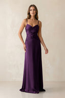 Cami Strap Pleated Sheath Satin Bridesmaid Dress in Plum | KISSBRIDAL