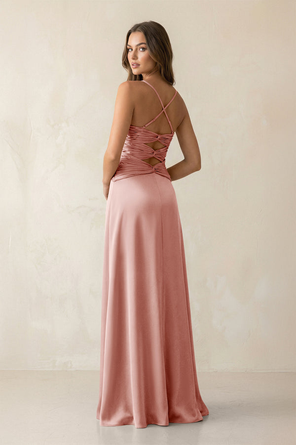 Cami Strap Pleated Sheath Satin Bridesmaid Dress in Rose Petal (2) | KISSBRIDAL