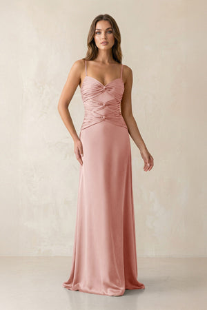 Cami Strap Pleated Sheath Satin Bridesmaid Dress in Rose Petal - KISS BRIDAL Bridesmaid Dresses