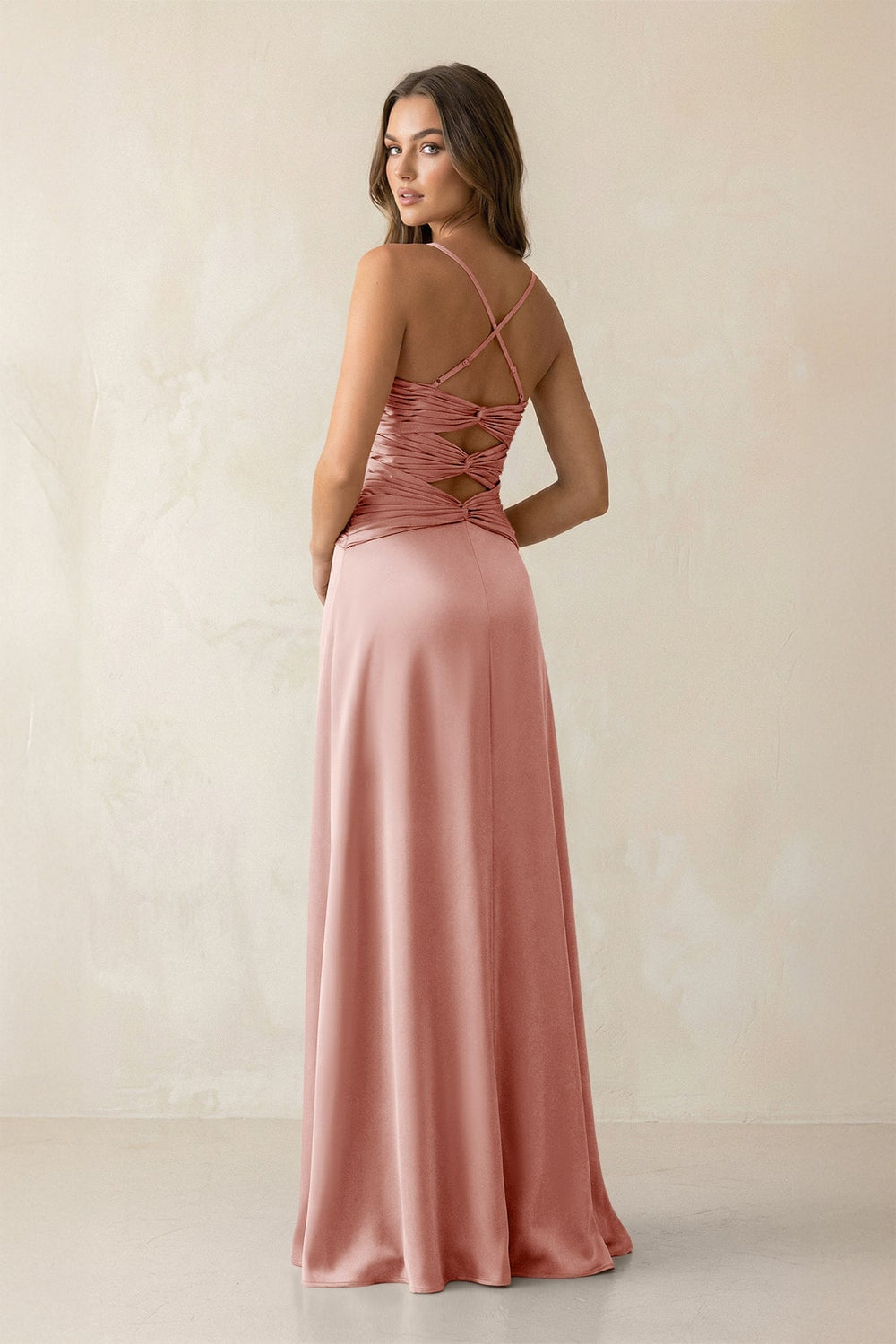 Cami Strap Pleated Sheath Satin Bridesmaid Dress in Rose Petal - KISS BRIDAL Bridesmaid Dresses