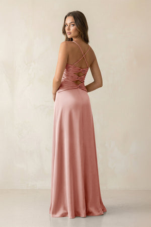 Cami Strap Pleated Sheath Satin Bridesmaid Dress in Rose Petal - KISS BRIDAL Bridesmaid Dresses