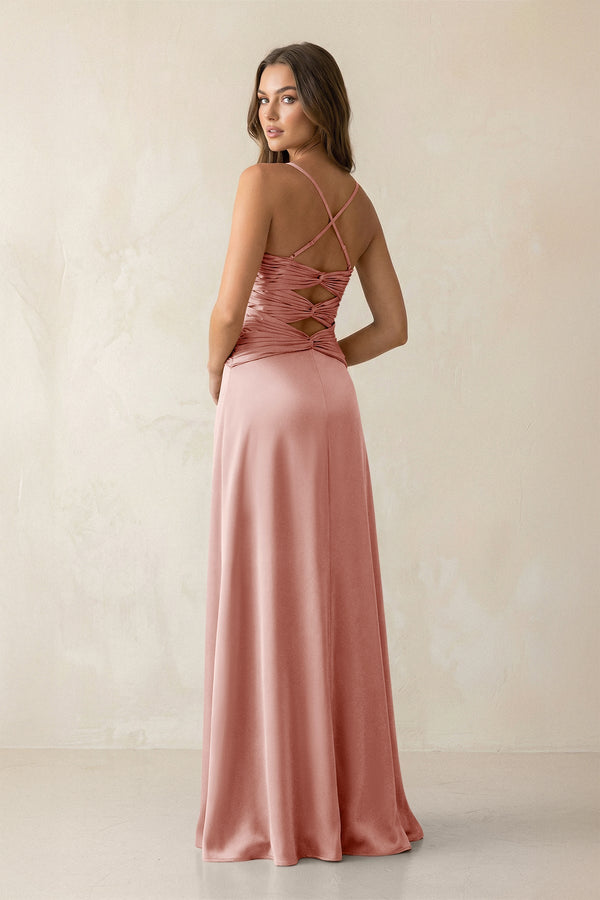 Cami Strap Pleated Sheath Satin Bridesmaid Dress in Rose Petal - KISS BRIDAL Bridesmaid Dresses