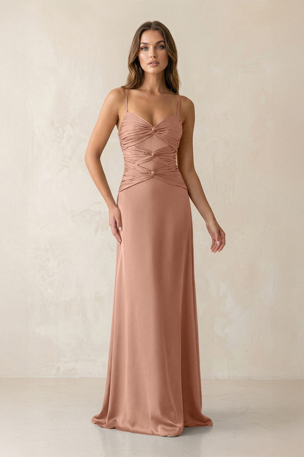 Cami Strap Pleated Sheath Satin Bridesmaid Dress in Rosette - KISS BRIDAL Bridesmaid Dresses
