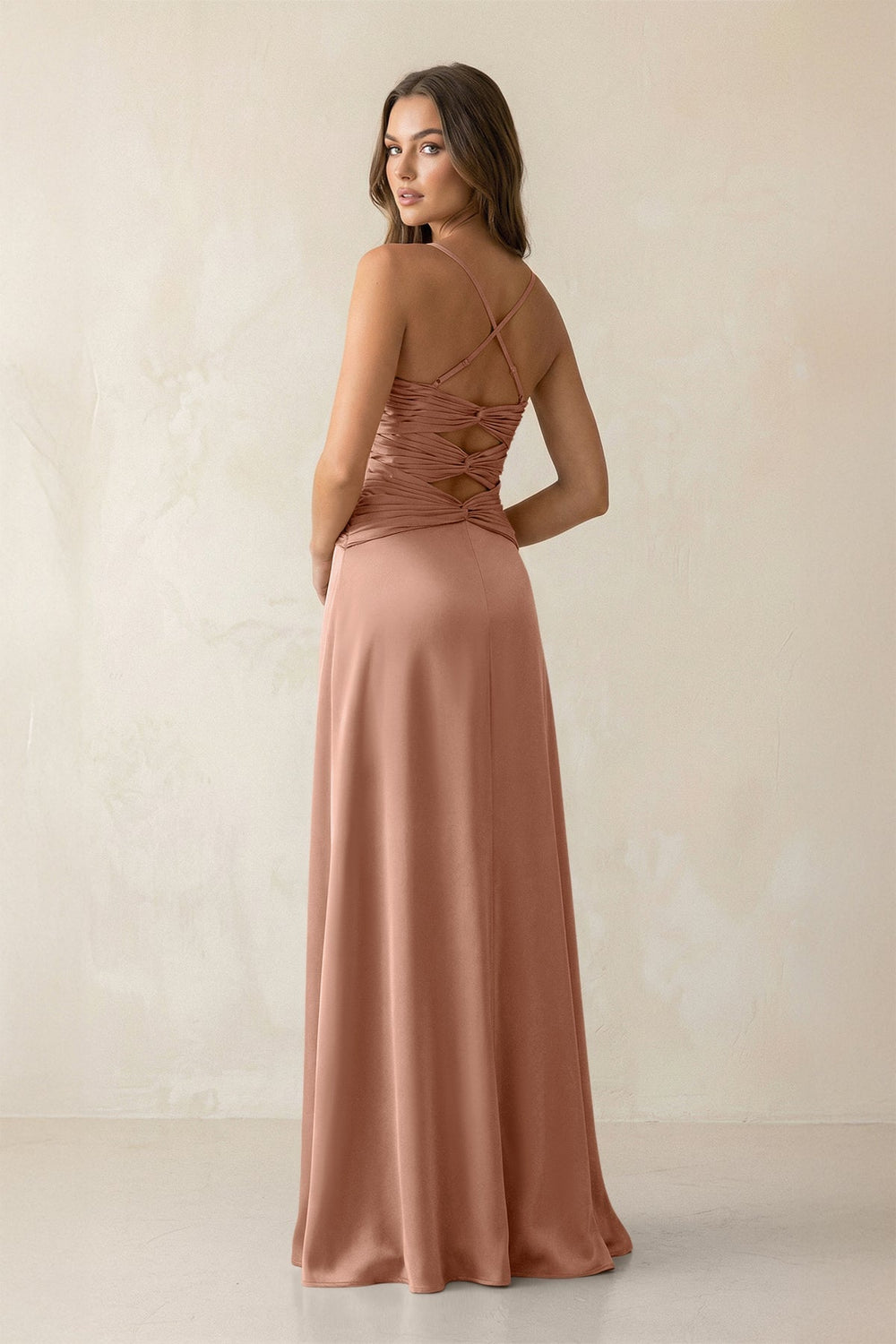 Cami Strap Pleated Sheath Satin Bridesmaid Dress in Rosette - KISS BRIDAL Bridesmaid Dresses