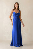 Cami Strap Pleated Sheath Satin Bridesmaid Dress in Royal Blue - KISS BRIDAL Bridesmaid Dresses