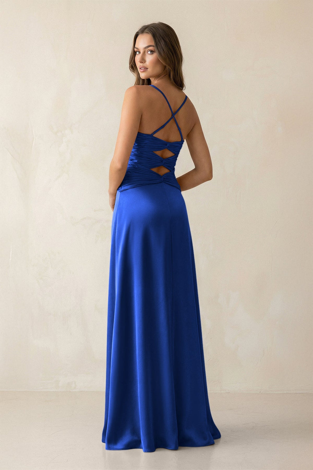 Cami Strap Pleated Sheath Satin Bridesmaid Dress in Royal Blue - KISS BRIDAL Bridesmaid Dresses