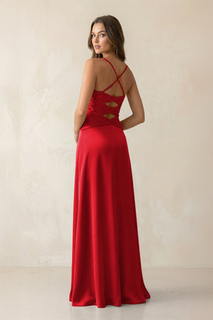 Cami Strap Pleated Sheath Satin Bridesmaid Dress in Ruby Red - KISS BRIDAL Bridesmaid Dresses